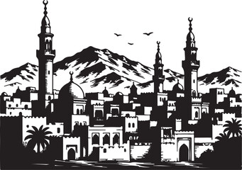 Obraz premium Historic Mecca Skyline Islamic Heritage Silhouette 