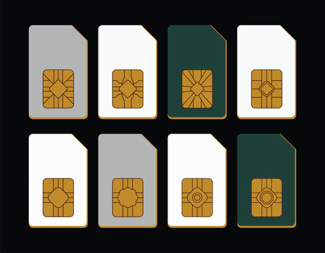 Assortment of sim cards with golden chip contacts displayed against a dark background card simcards cellular