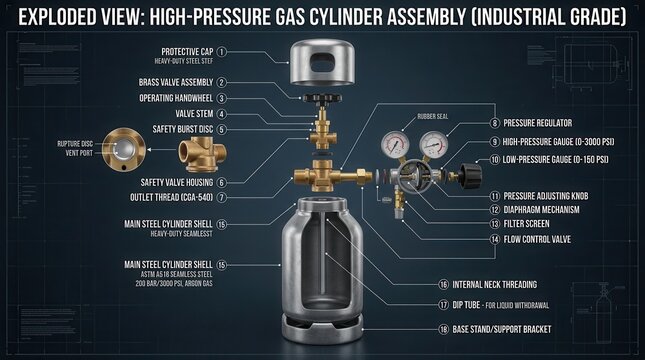 Exploded view of industrial gas cylinder. Technical diagram of high pressure valve assembly.