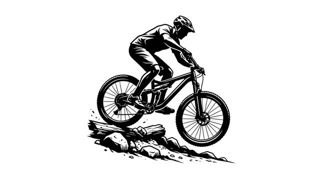 Mountain biker performing a jump on rocky terrain.