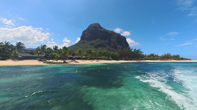 Le Morne Brabant mountain and tropical beach in Mauritius, Indian Ocean