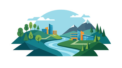 Obraz premium Modern sustainable city landscape with mountains river and green hills flat vector illustration