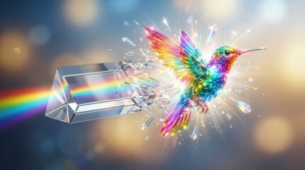 Obraz premium Rainbow hummingbird emerging from shattered prism