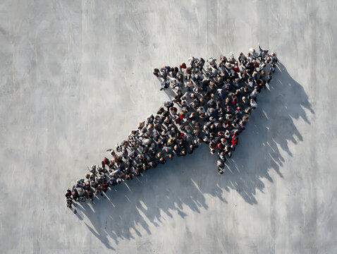 Crowd of professionals forming an arrow shape, isolated on transparent background, top view.