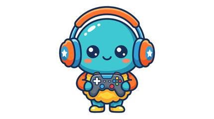 Fototapeta premium Cute cartoon blue alien character wearing headphones holding a game controller.