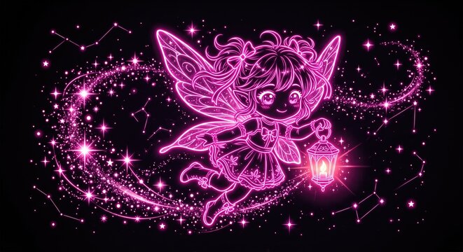 Neon pink line art illustration of fairy