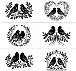 Fototapeta premium Set of decorative bird silhouettes on floral branches and hearts with silhouette branches romantic