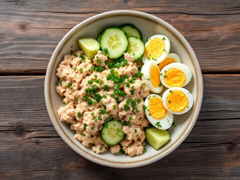 Delicious healthy bowl with mashed chickpeas boiled eggs and fresh cucumber slices on wood