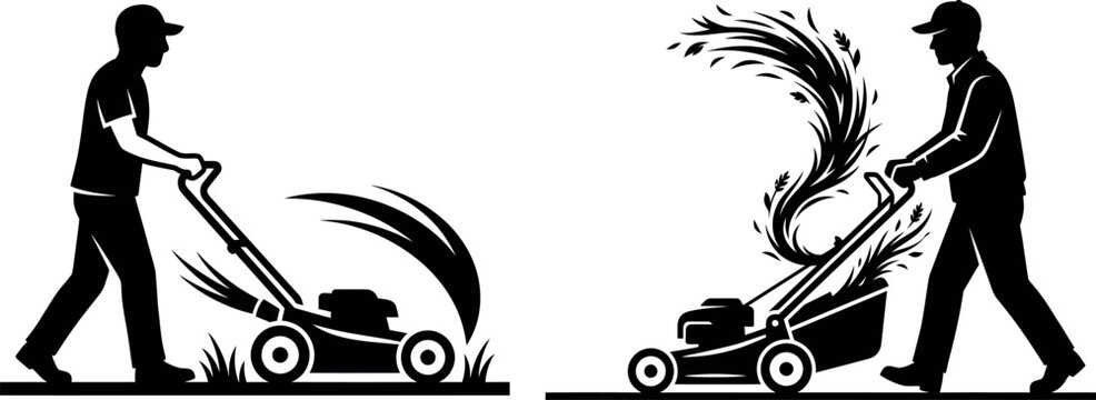 Man mowing lawn with grass catcher black silhouette illustration lawnmower gardening landscaping