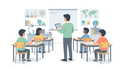 Fototapeta premium Teacher instructing students in a classroom using a digital tablet