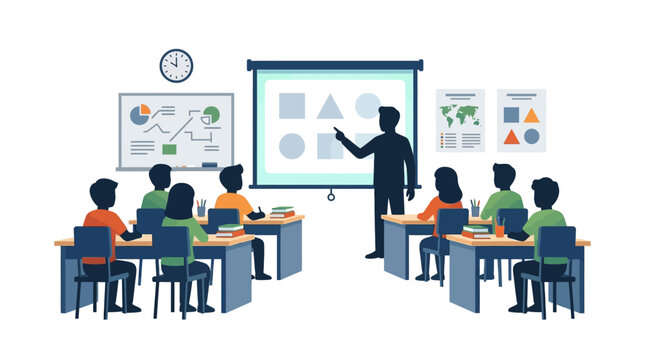 Teacher presenting educational lesson to students in classroom illustration