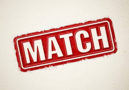 Red rubber stamp with the word Match inside a rectangular frame design
