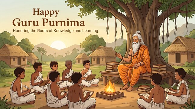 Guru purnima celebration with students learning from a wise old guru in a traditional indian village setting at sunset