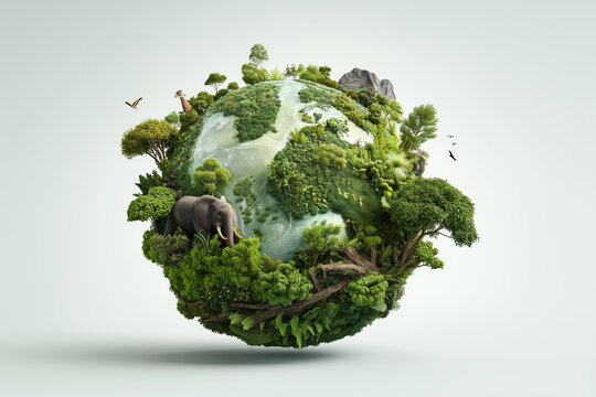 Small green floating planet covered with dense green trees and wild animals representing nature protection and global environmental ecology.