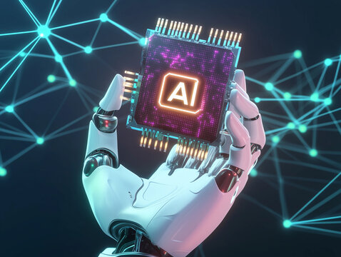 Robotic cyber hand holding a high tech microchip marked with artificial intelligence letters surrounded by glowing digital blue network nodes.