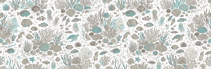 Seamless Ocean Life Pattern with Corals and Fish © Pizzahatrasaayambaka