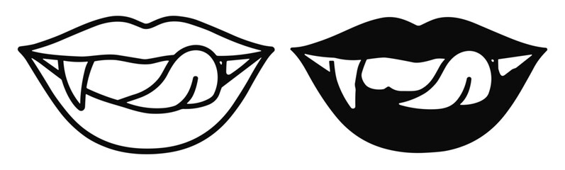 Set of vampire mouths with fangs and licking tongue black and white vector icons on transparent background © KKeitlin
