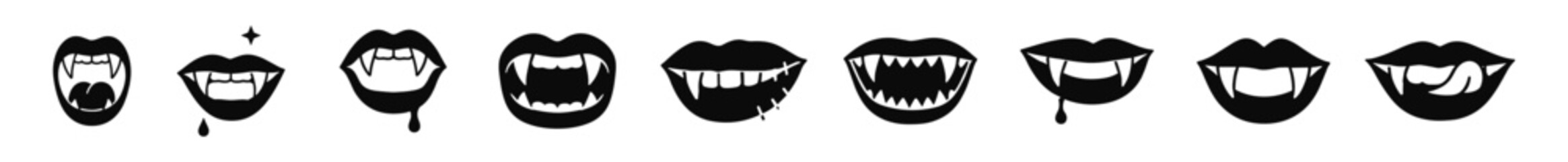 Set of black and white vampire mouth silhouettes with fangs, dripping blood, and tongue elements for Halloween and horror designs on transparent background © KKeitlin