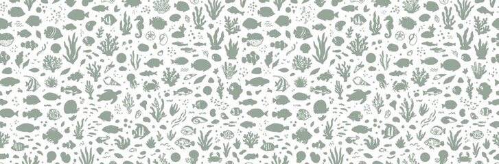 Seamless Pattern of Sea Creatures and Coral Silhouettes © Pizzahatrasaayambaka