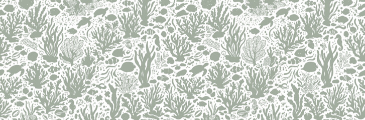 Seamless Underwater Coral Reef Pattern with Marine Life © Pizzahatrasaayambaka