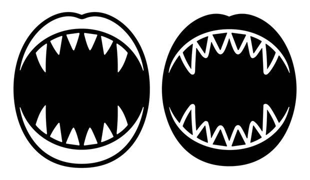 Black and white vector illustration of open monster mouths with sharp teeth in two contrasting styles on transparent background