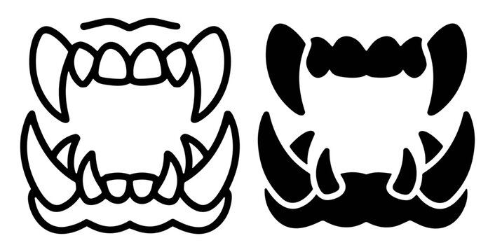 Black and white stylized illustrations of fierce animal jaws with sharp teeth and prominent fangs on transparent background