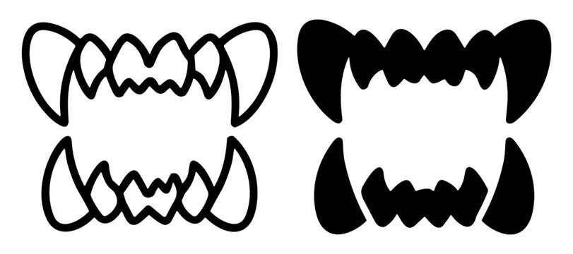Vector illustration of open animal or monster jaws with sharp teeth in black and white outline and silhouette on transparent background