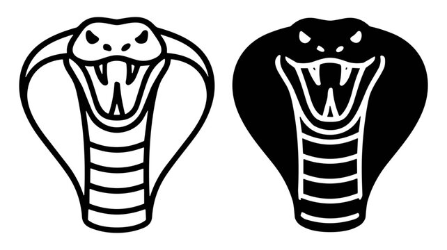 Vector illustration of aggressive cobra snake heads in black and white style on transparent background