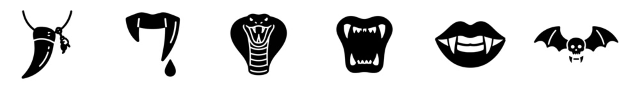 Set of vampire and snake fangs icons, including fang necklace, dripping fang, cobra head, open mouth with sharp teeth, vampire lips, and bat skull silhouette on transparent background