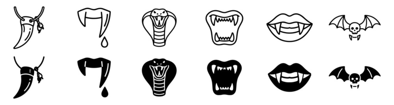Set of hand drawn spooky icons including fangs, vampire teeth, snake heads, dripping fangs, and bats with skulls in black and white style on transparent background