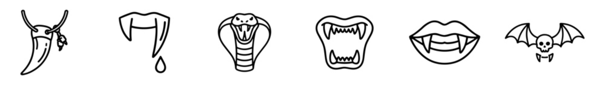 Collection of black and white hand drawn vampire related icons including fang necklace, bloody fang, cobra head, animal snarl, vampire lips, and bat skull on transparent background