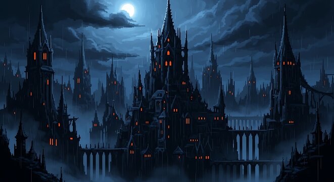 Gothic castle city at night with dark towers and glowing windows under a full moon in a rainy, mysterious atmosphere, digital pixel art style