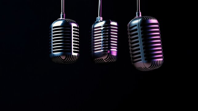 Three vintage microphones, chrome-plated and hanging, against a black backdrop