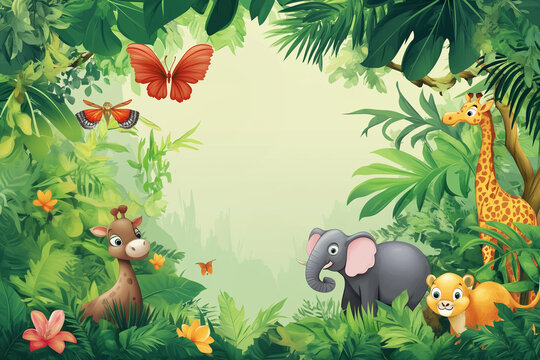 Vibrant cartoon frame filled with cute jungle animals including an elephant giraffe lion monkey and butterflies surrounded by green foliage