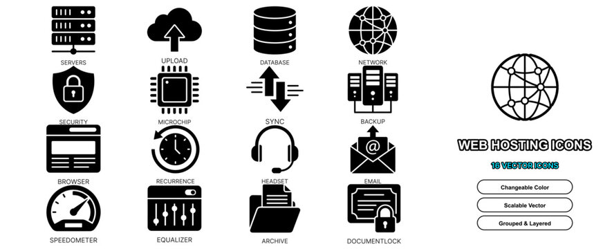 Web hosting flat shape icon set for domain internet digital website network center code system and service