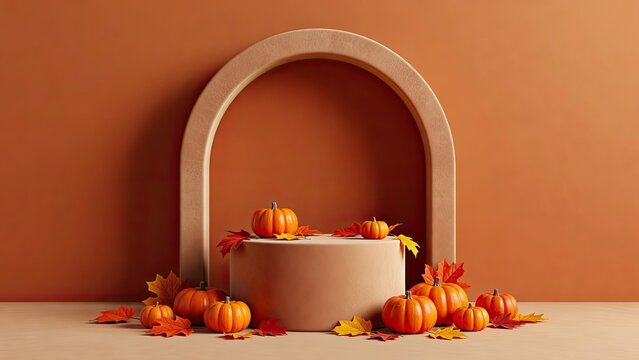 Minimalist product display podium with helloween pumpkins and autumn leaves for seasonal marketing and festive holiday retail store promotion