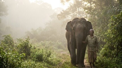 Fototapeta premium Mahout Walking Beside Rescued Elephant at Sumatran Conservation Sanctuary