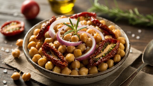 The national dish of Italian cuisine. 
Chickpea salad (Insalata di Ceci) &mdash; chickpeas, dried tomatoes, rosemary, red onion. A photo with a place for the text.