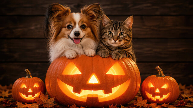 A cute papillon dog and a tabby cat sitting together inside a carved pumpkin for a fun helloween celebration