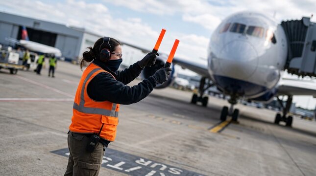 Female airport marshaller holding orange light sticks guiding large commercial passenger jet approaching terminal gate