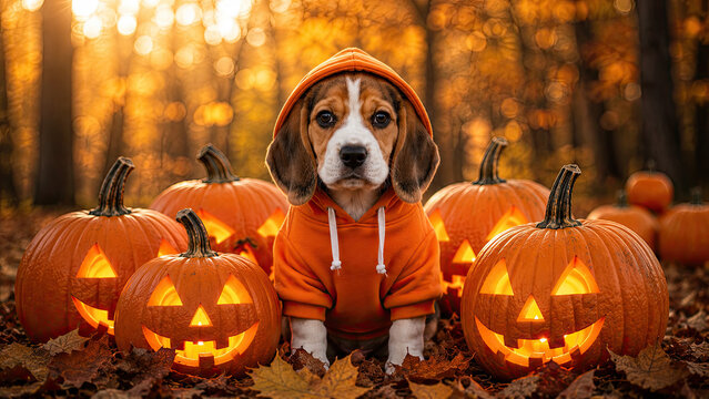 A cute beagle puppy wearing an orange hoodie sitting among glowing jack o lanterns for a fun helloween celebration