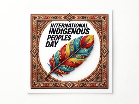 Colorful indigenous feather design with decorative frame for international indigenous peoples day celebration poster