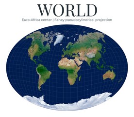 World Map. Fahey projection. Pseudocylindrical compromise world projection. Euro-Africa center, 10 latitude, 10 longitude rotation. Detailed physical topography. © Eugene Ga