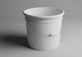 A clean white plastic bucket with a metal handle on grey background © Visol Studio