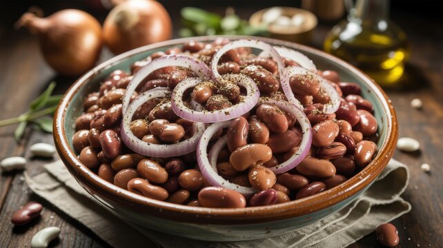 The national dish of Italian cuisine. 
Abruzzi bean salad (Fagioli e Cipolla) &mdash; red beans, lots of sweet onions, olive oil, black pepper. A photo with a place for the text.