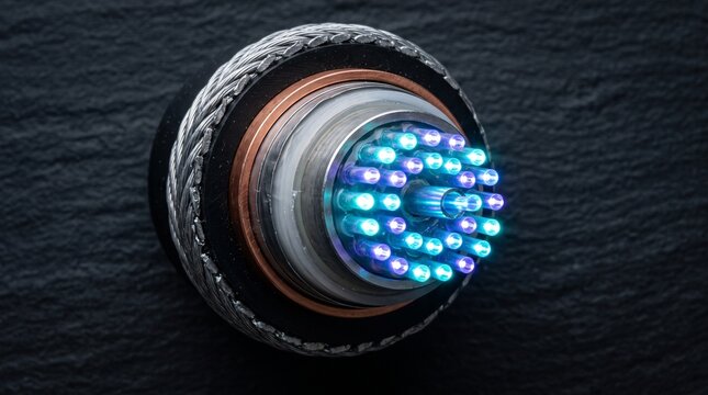 Armored Submarine Fiber Optic Cable Cross Section Showing Optical Glass Cores Transmitting Light