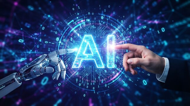 Futuristic AI technology interface with robotic hand activating digital network. Cutting-edge artificial intelligence system in action.