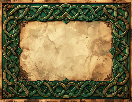 Ancient Celtic Frame with Green Knotwork on Vintage Parchment