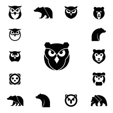 Cute Owl and Bear Icons Set, Vector Graphics, Minimalist Animal Silhouettes