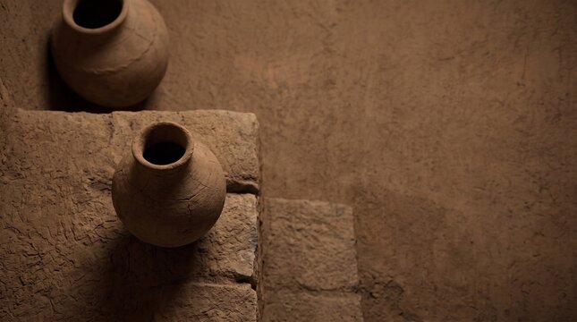 Ancient clay pots sitting on rustic mud steps
